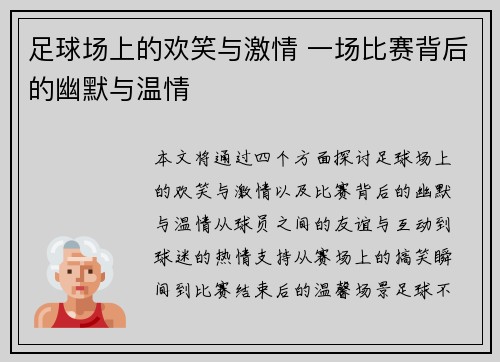 足球场上的欢笑与激情 一场比赛背后的幽默与温情