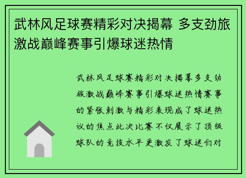 武林风足球赛精彩对决揭幕 多支劲旅激战巅峰赛事引爆球迷热情